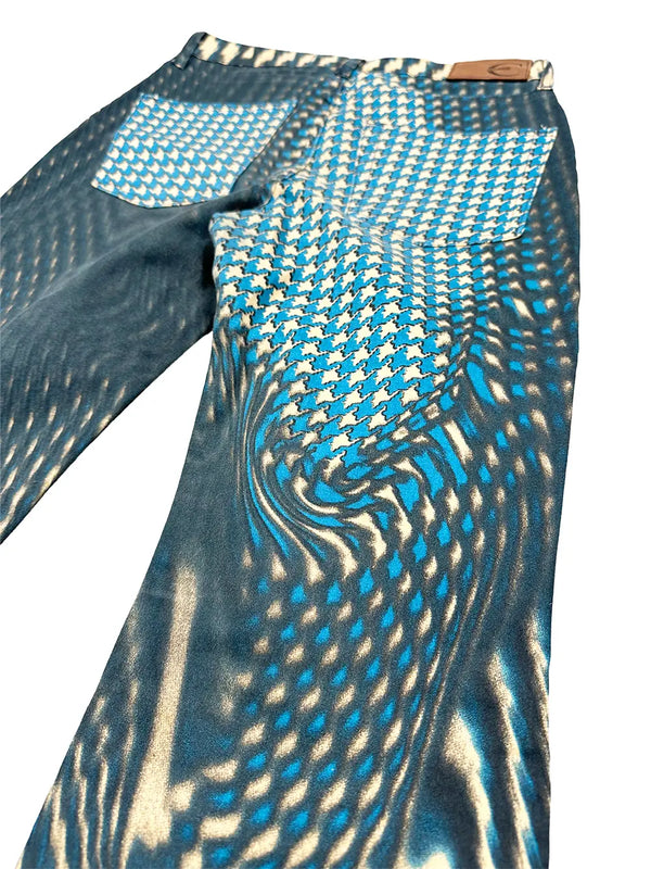 Blue Pied-De-Poule Print Pants