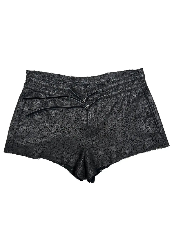 Textured Tie-Waist Leather Shorts