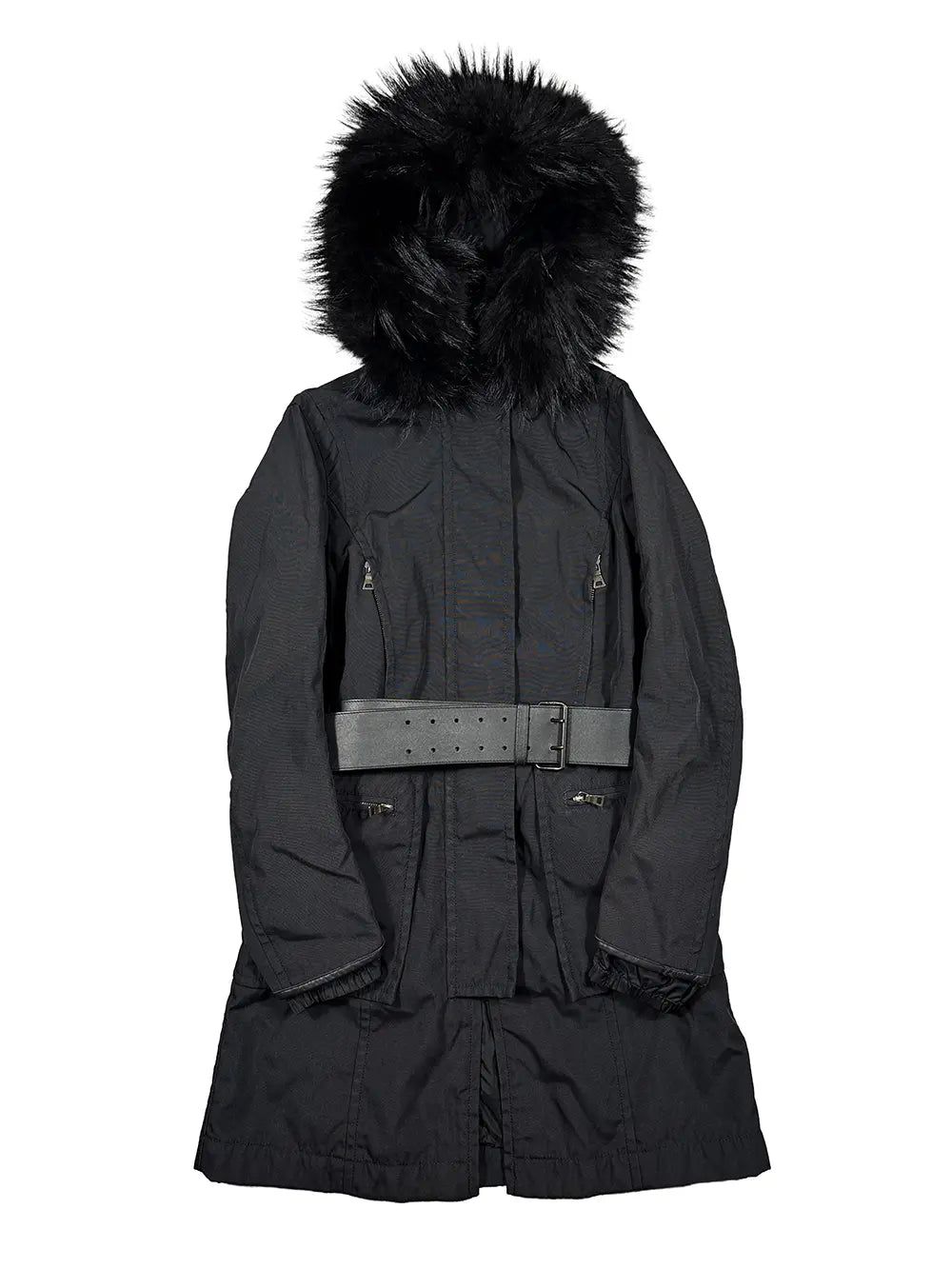 Fur Hood Leather Belt Parka